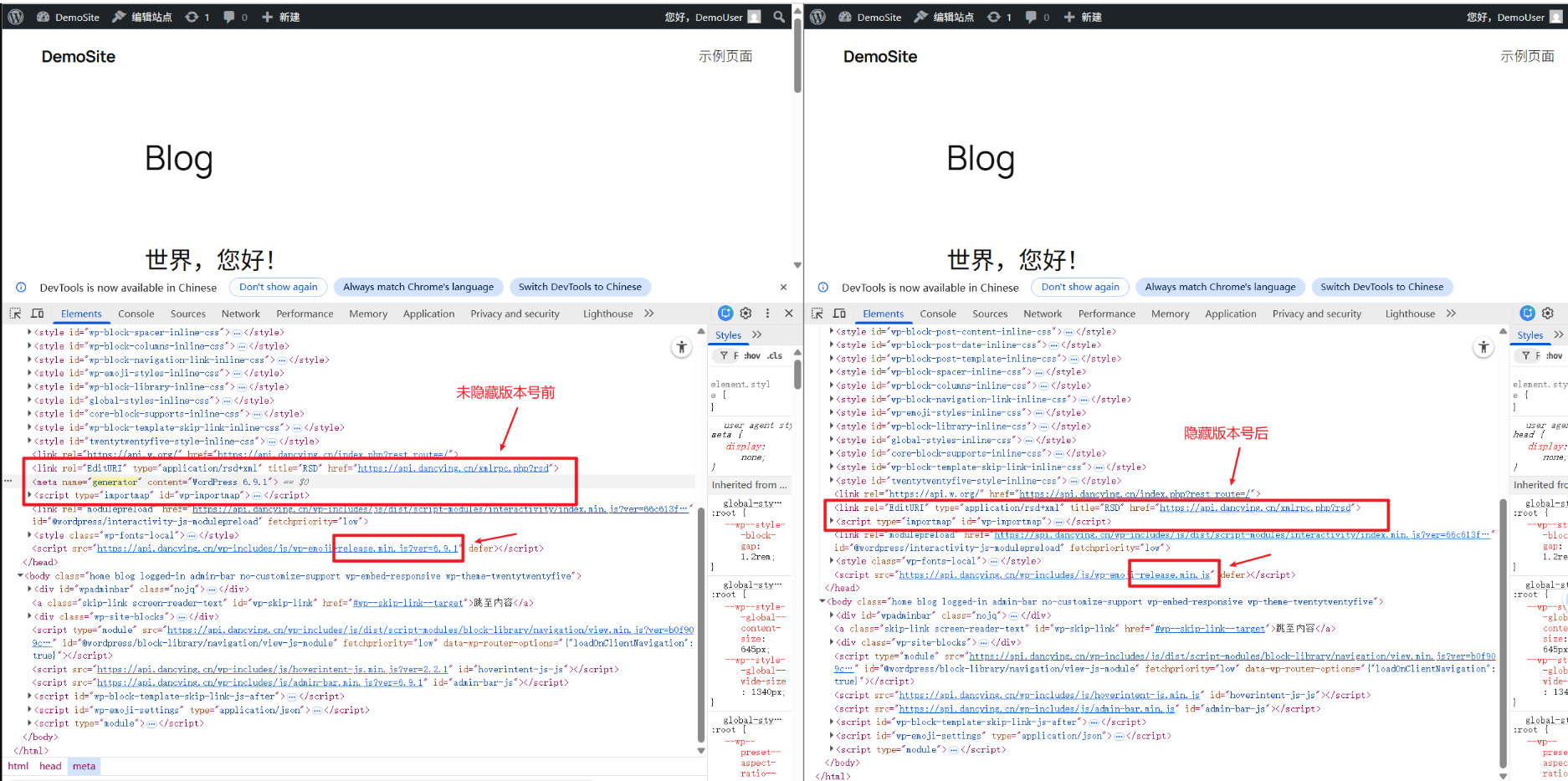 WordPress 隐藏前端页面版本号信息的实际对比效果